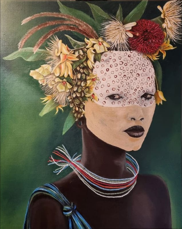 Suri Woman with Flowers and Leaves, painting by Henri Davies